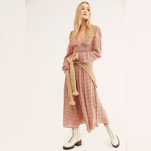 Free People Indigo Child Midi Dress In Ivory‎ Comb Red Floral Women's Size Large